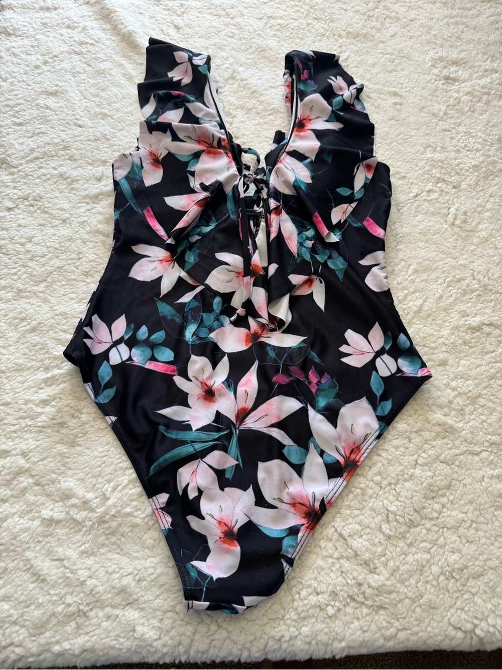 Floral Ruffle One-Piece Swimsuit - Black/Pink